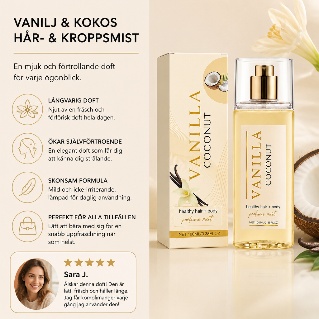 Vanilj- och kokosdoftande hår- och kroppsmist – mjuk doft för vardaglig elegans