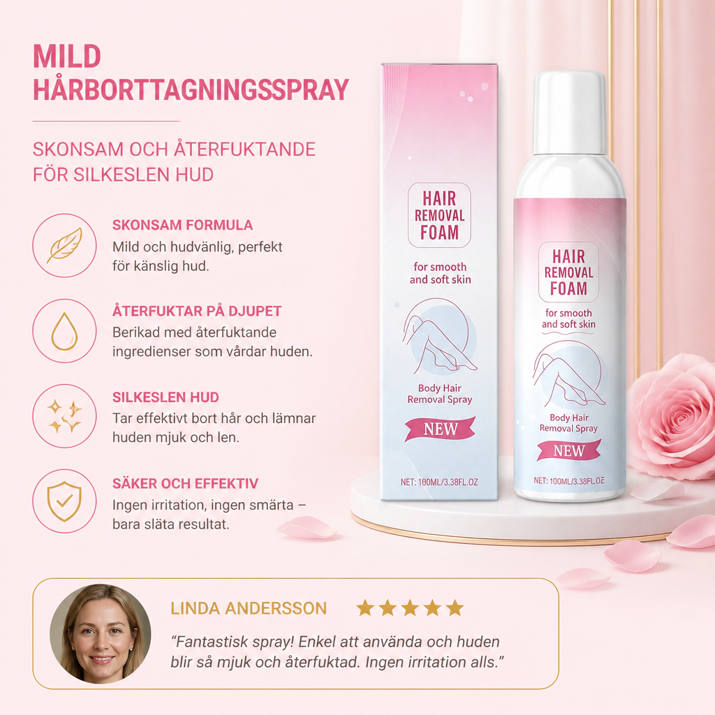 Mild hårborttagningsspray med återfuktande hudvårdsformula