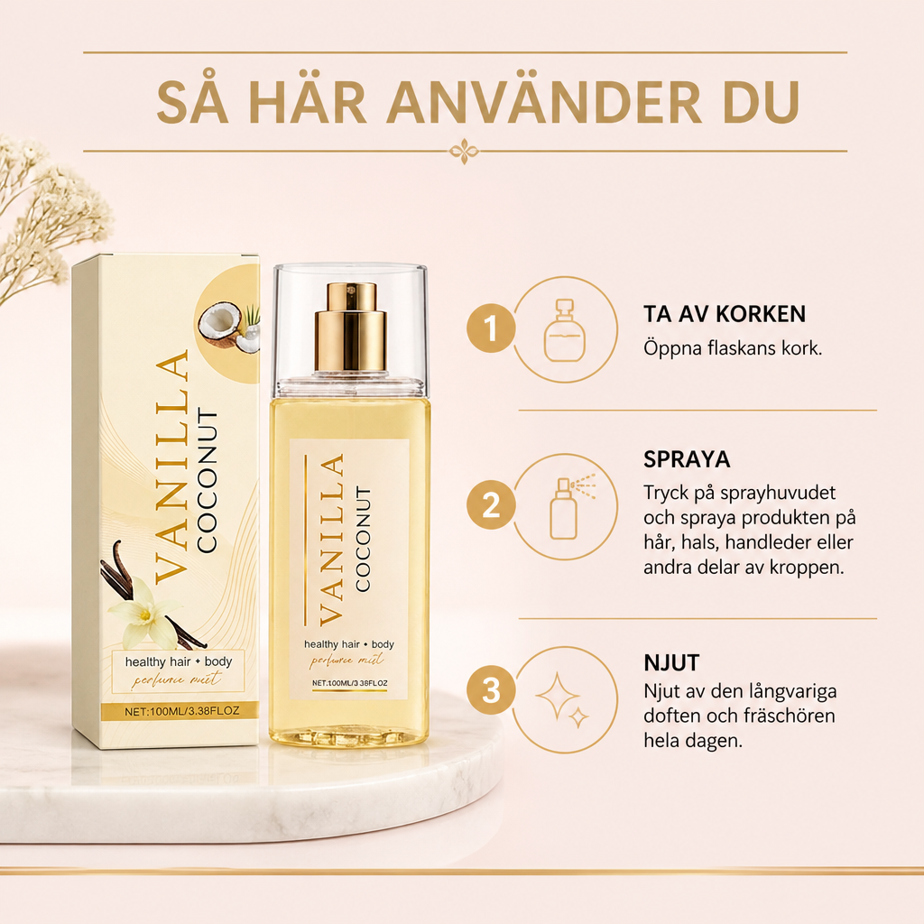 Vanilj- och kokosdoftande hår- och kroppsmist – mjuk doft för vardaglig elegans