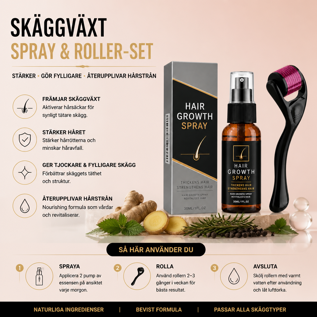 Skäggväxtspray & Roller-set – Stärker, gör fylligare och återupplivar hårstrån