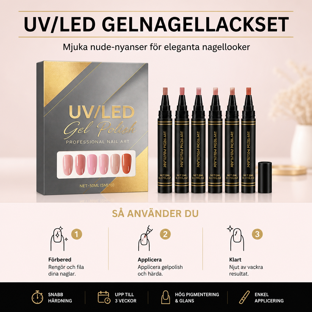 UV/LED Gelnagellacksset – mjuka nude-nyanser för eleganta nagellooker