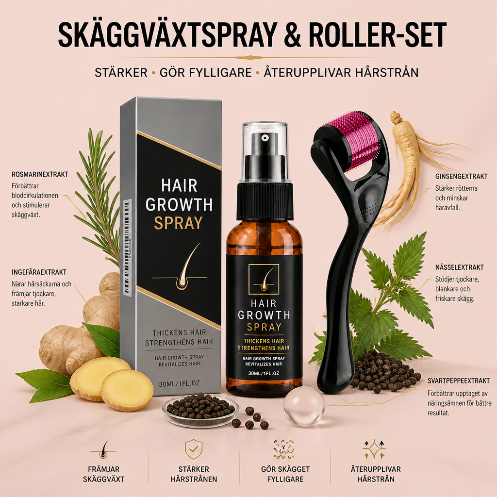 Skäggväxtspray & Roller-set – Stärker, gör fylligare och återupplivar hårstrån