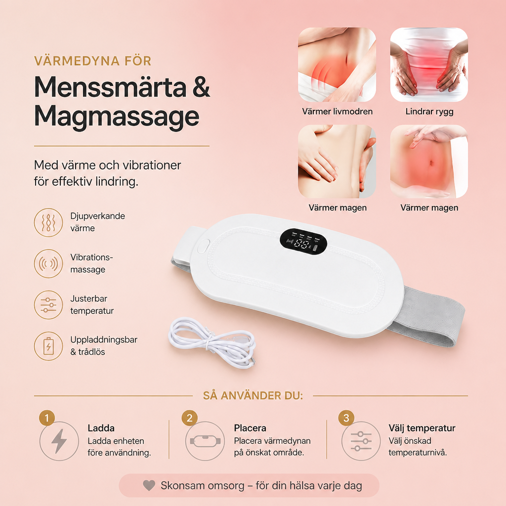Värmedyna För Menssmärta & Magmassage Med Värme Och Vibrationer För Mensvärk