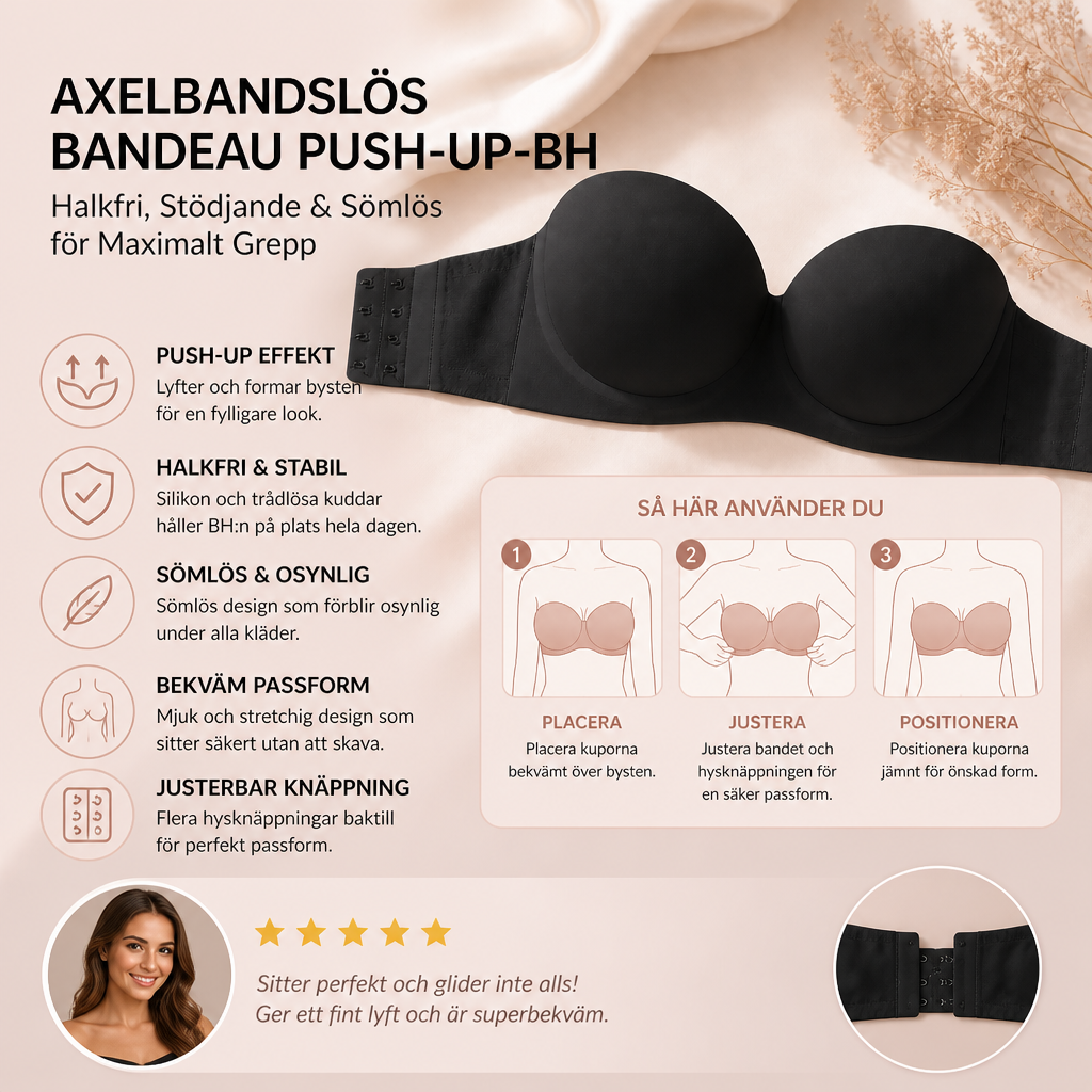 Axelbandslös Bandeau Push-Up-BH – Halkfri, Stödjande & Sömlös för Maximalt Grepp