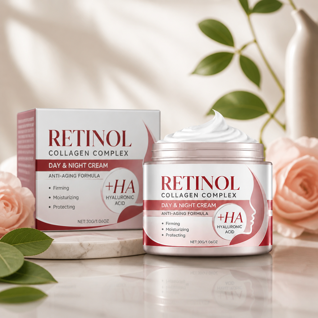 Retinol Uppstramande Ansiktskräm Med Hyaluronsyra För Slät Hud Med Strålande Utseende