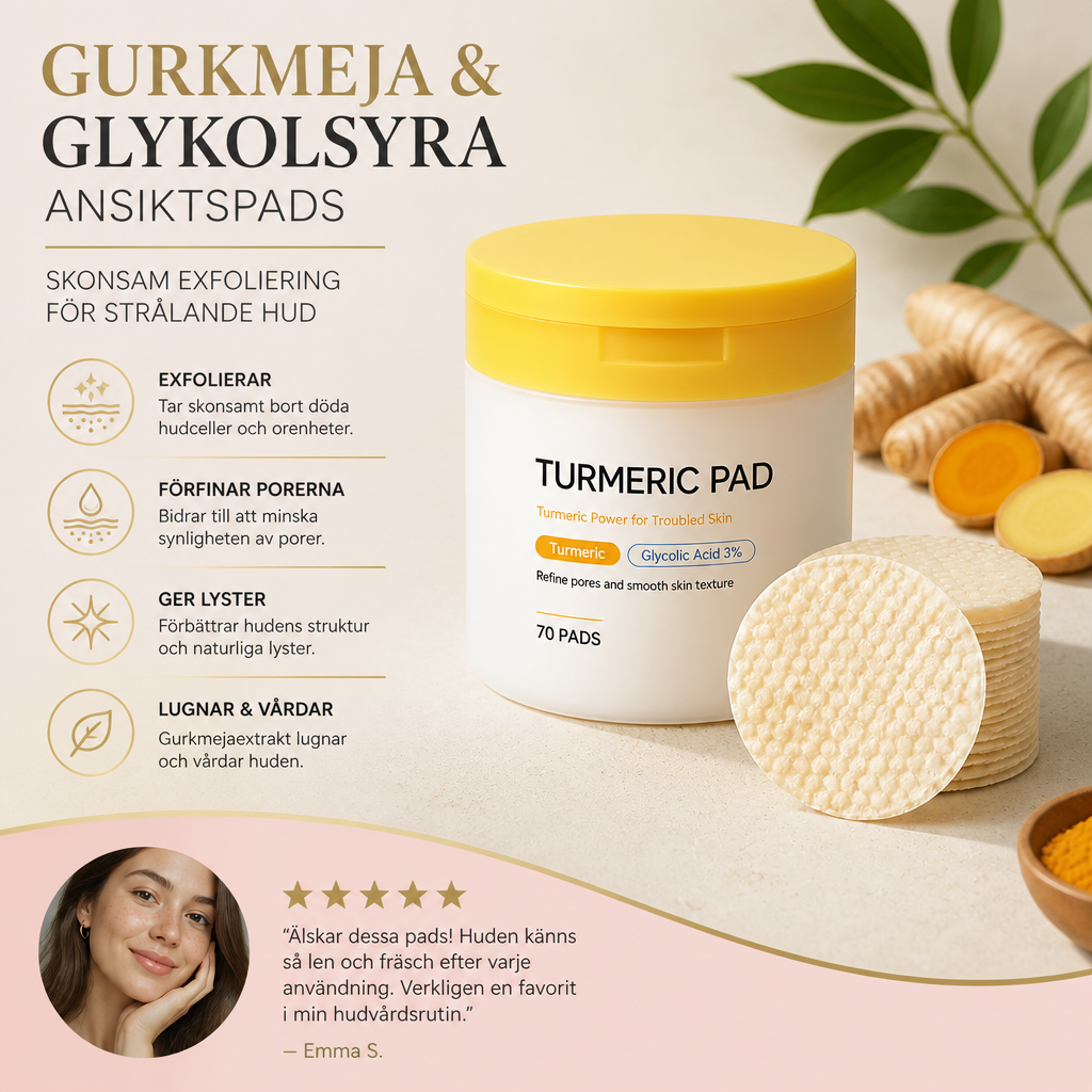 Gurkmeja & Glykolsyra Ansiktspads – Skonsam Exfoliering För Strålande Hud