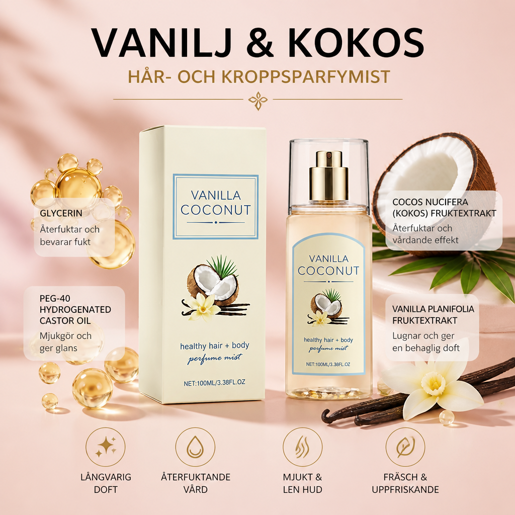 Vanilj & Kokos Hår- och Kroppsparfymmist – Långvarig Doft Med Återfuktande Vård