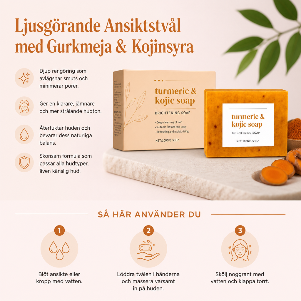 Ljusgörande Ansiktstvål med Gurkmeja & Kojinsyra – Rengörande Bar för En Jämn Lyster