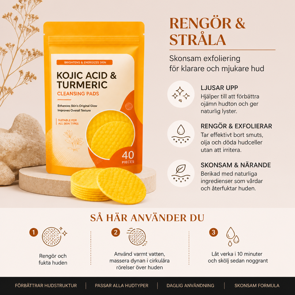 Gurkmeja & Kojinsyra Rengöringspads – Skonsam Exfoliering & Ljusare Hud