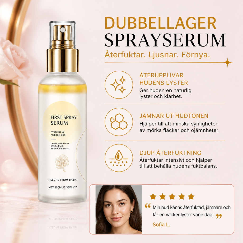 Återfuktande Dubbellagers Sprayserum för Strålande och Slätare Hudutseende