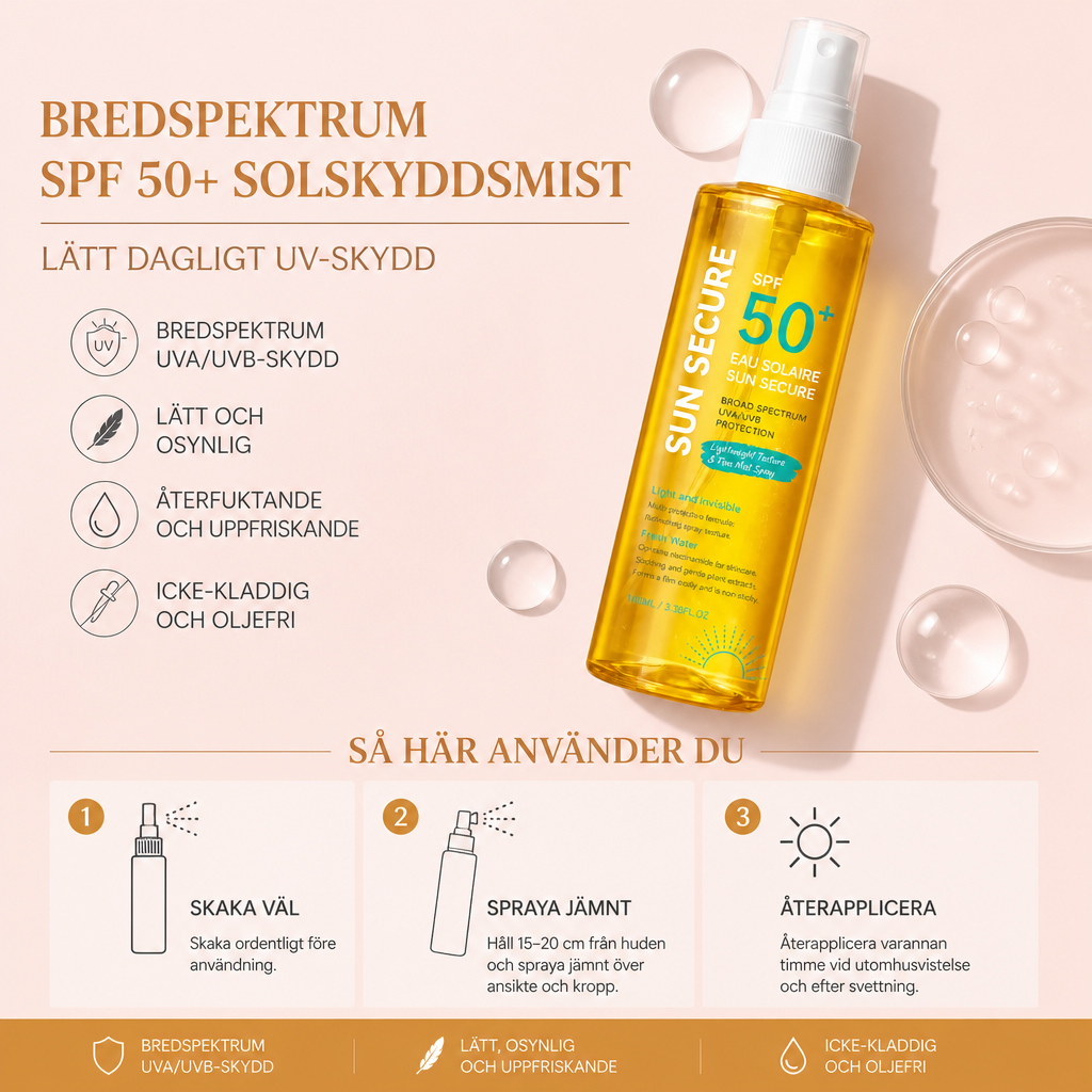 Bredspektrum SPF 50+ Solskyddsmist – Lätt Dagligt UV-skydd