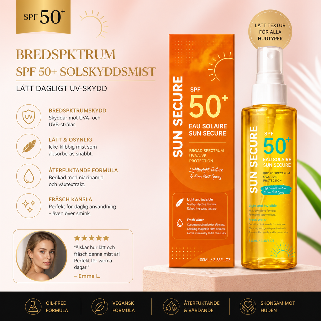 Bredspektrum SPF 50+ Solskyddsmist – Lätt Dagligt UV-skydd