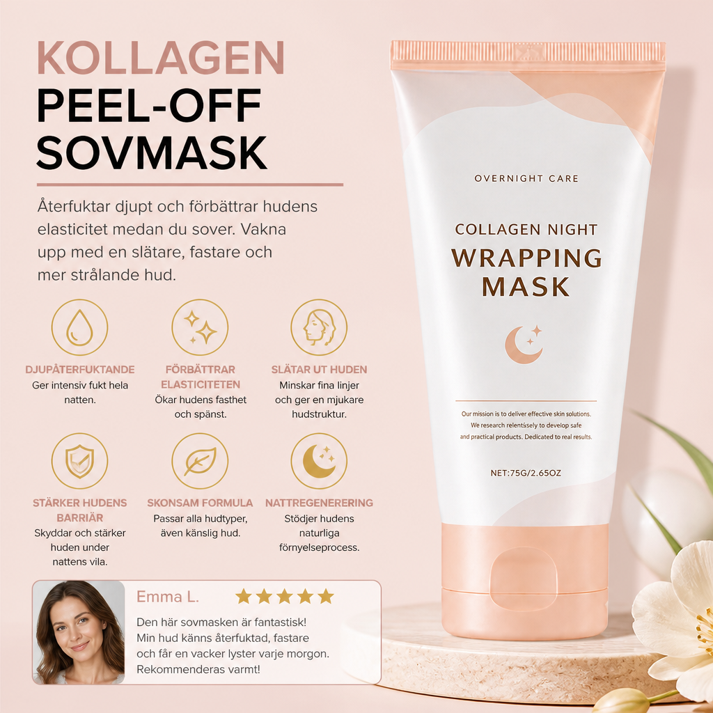 Kollagen Peel-Off Sovmask – Övernattande Återfuktning & Slätare Hud