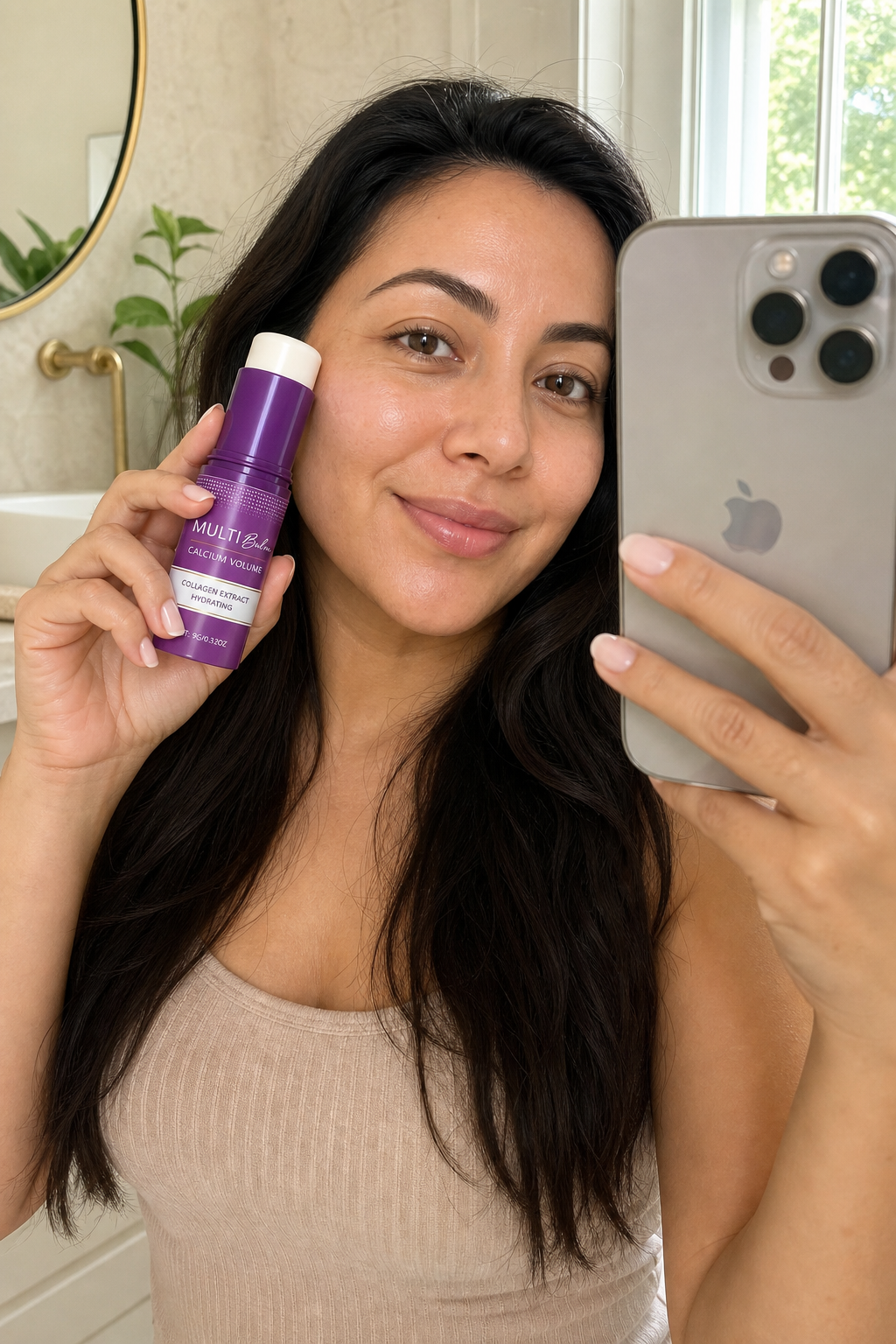 Kund som applicerar Multi Balm Calcium Volume på läpparna