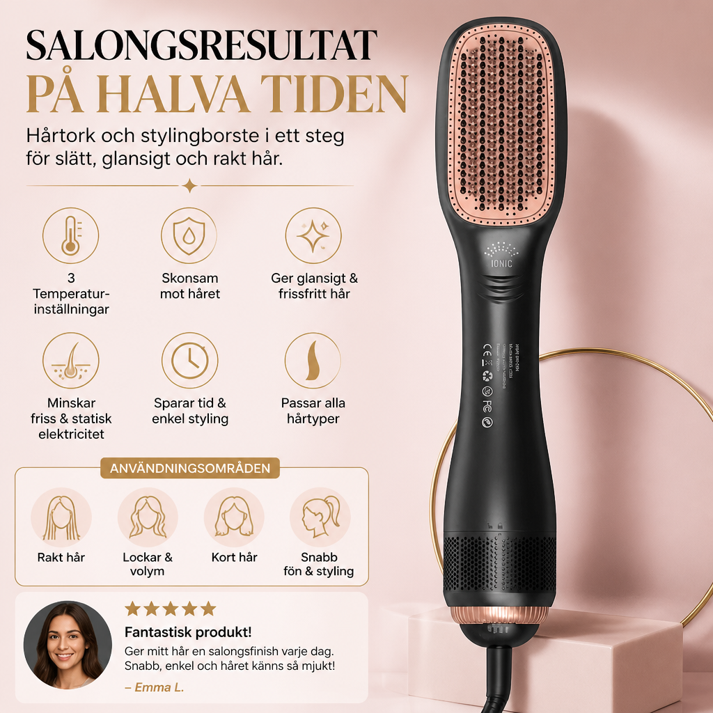 Hårtork och stylingborste i ett steg för slätt och rakt hår med salongskänsla