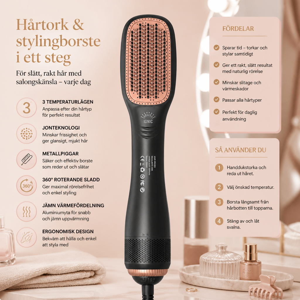 Hårtork och stylingborste i ett steg för slätt och rakt hår med salongskänsla