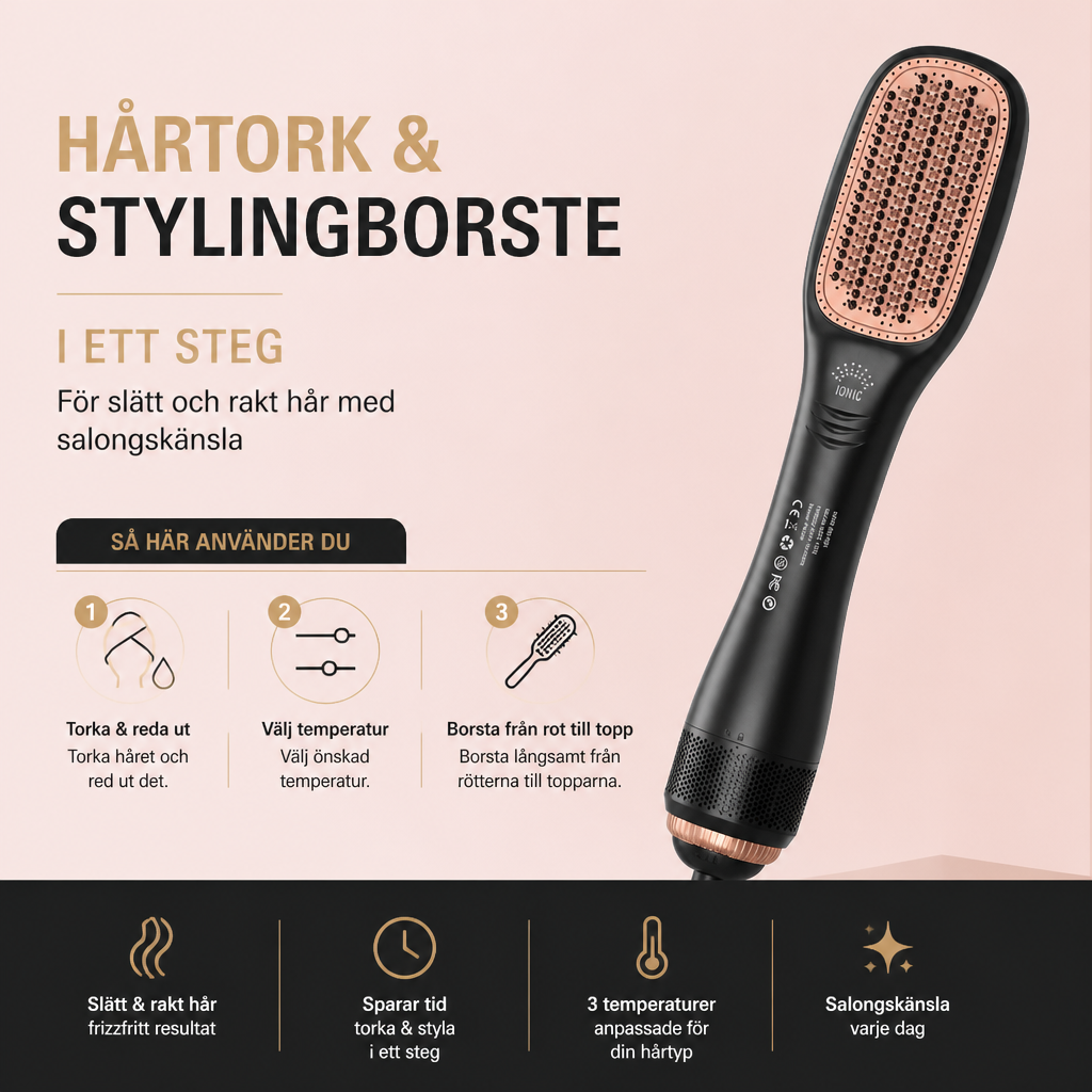 Hårtork och stylingborste i ett steg för slätt och rakt hår med salongskänsla