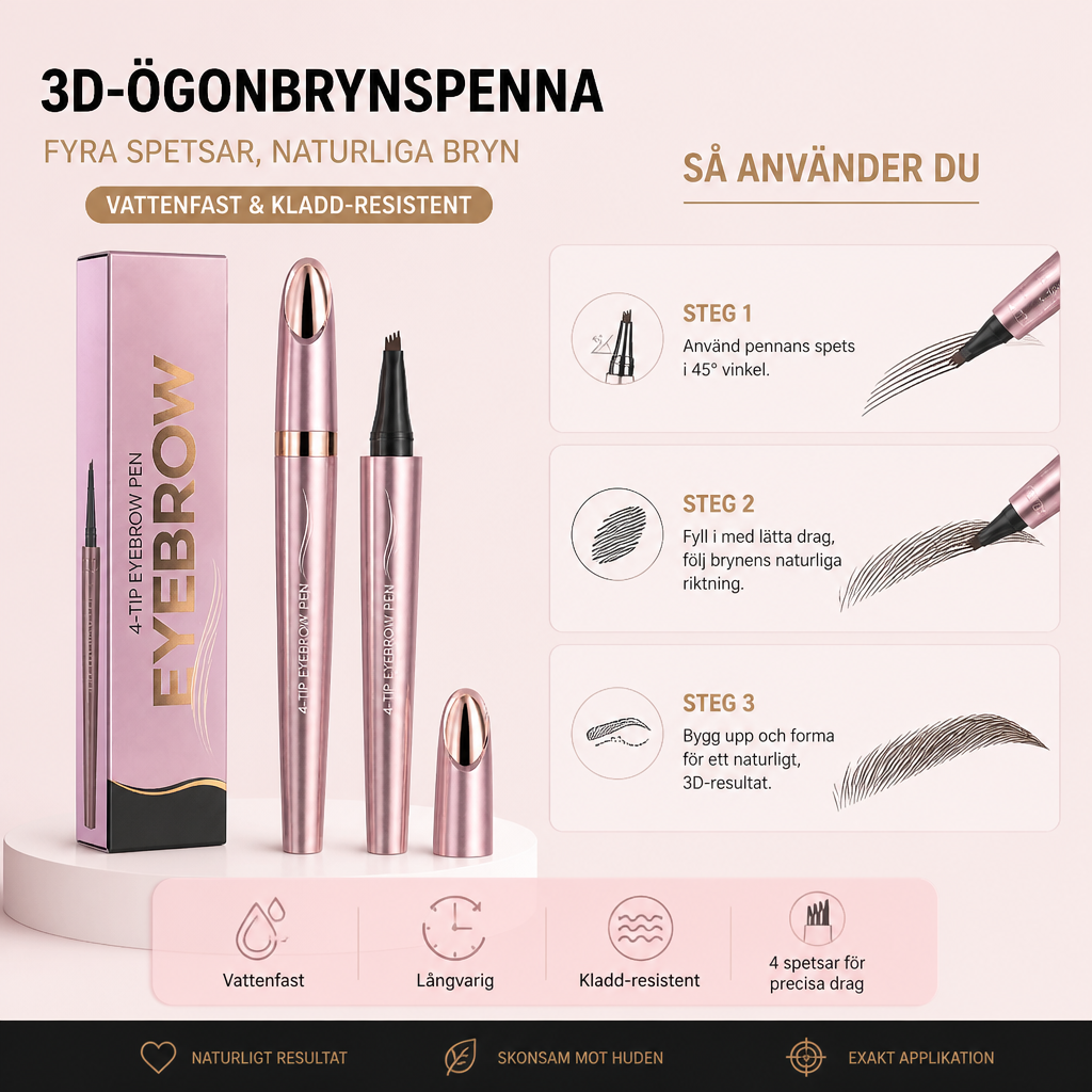3D-ögonbrynspenna med naturligt resultat – Vattenfast ögonbrynspenna med fyra spetsar