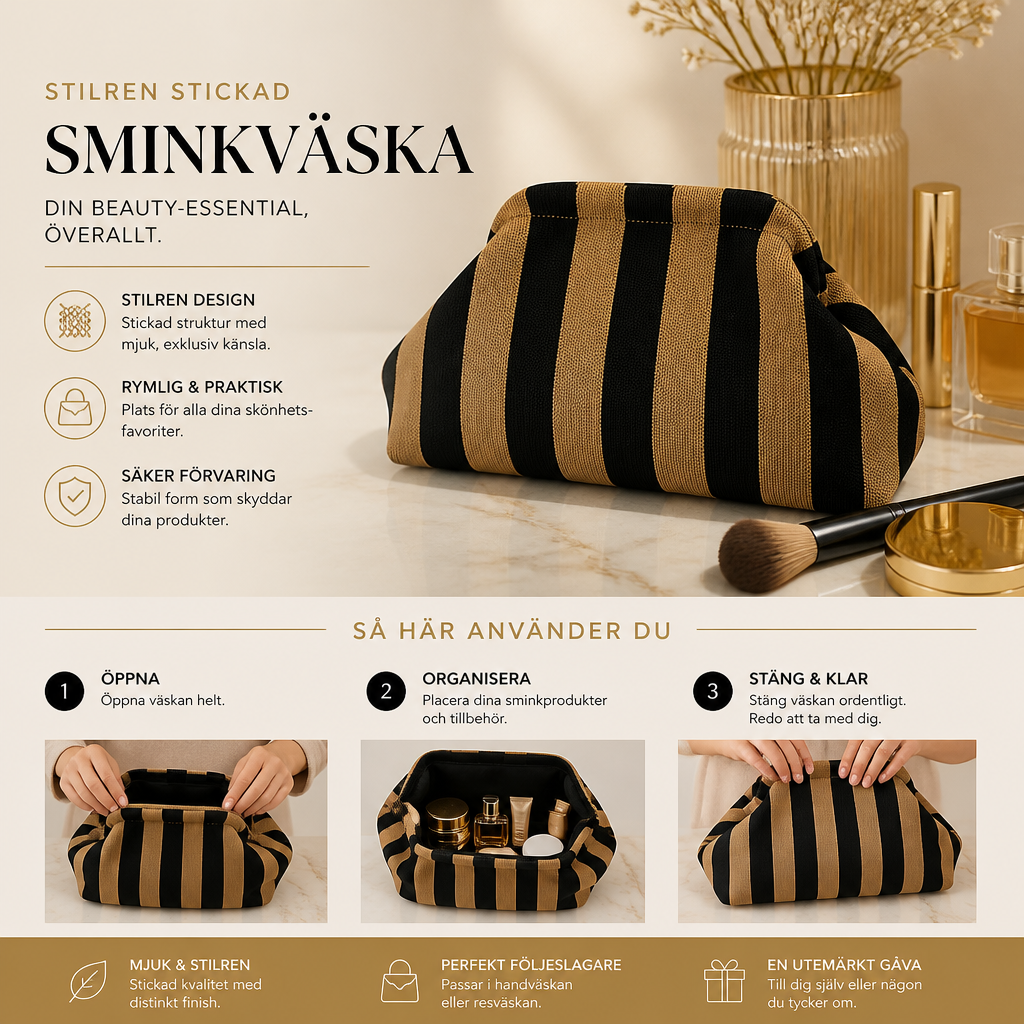 Stilren stickad sminkväska