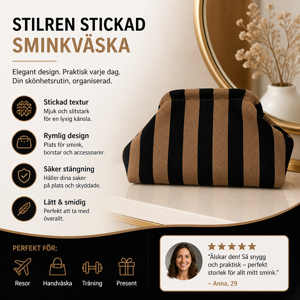 Stilren stickad sminkväska