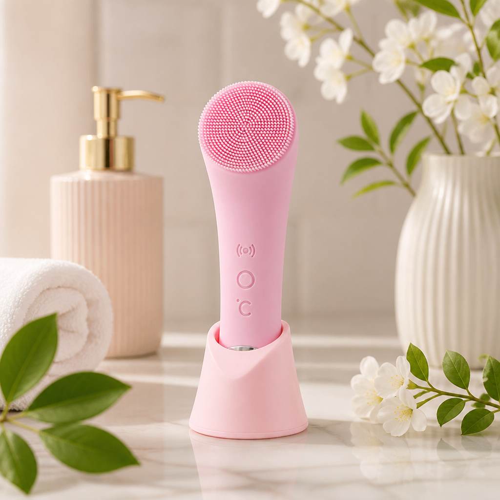 Elektrisk ansiktsrengöringsborste med värme, vibration, skonsam exfoliering och massage