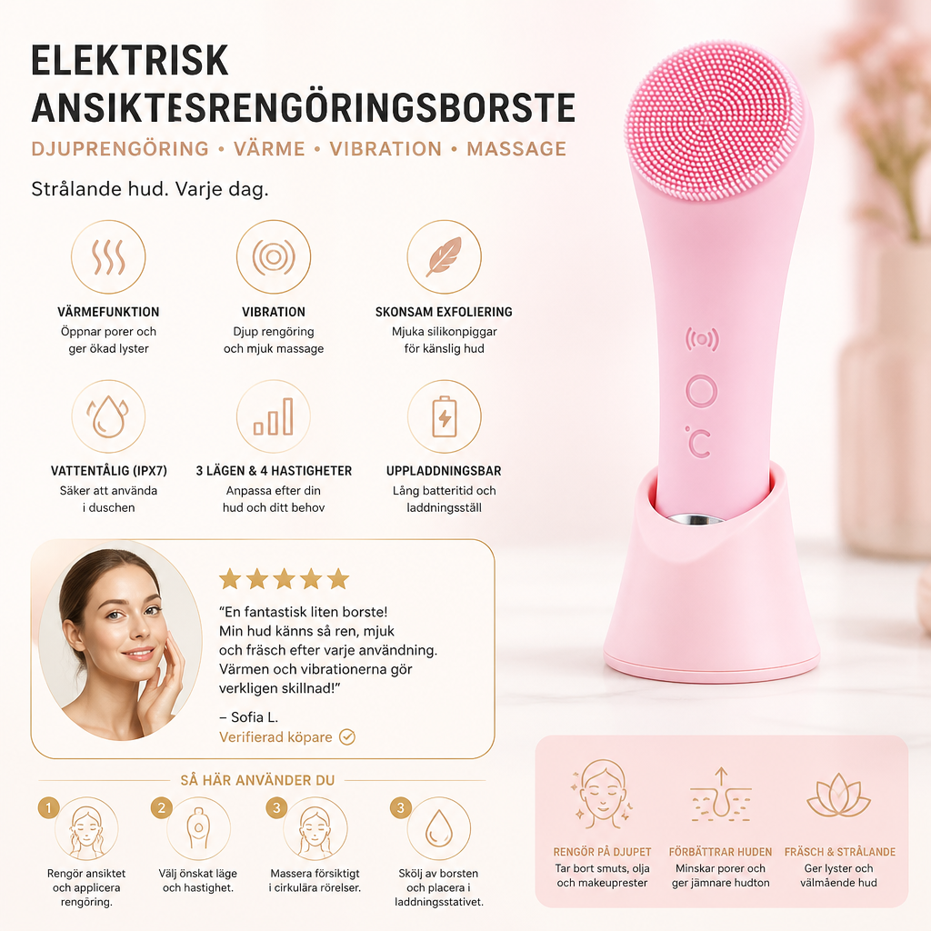 Elektrisk ansiktsrengöringsborste med värme, vibration, skonsam exfoliering och massage