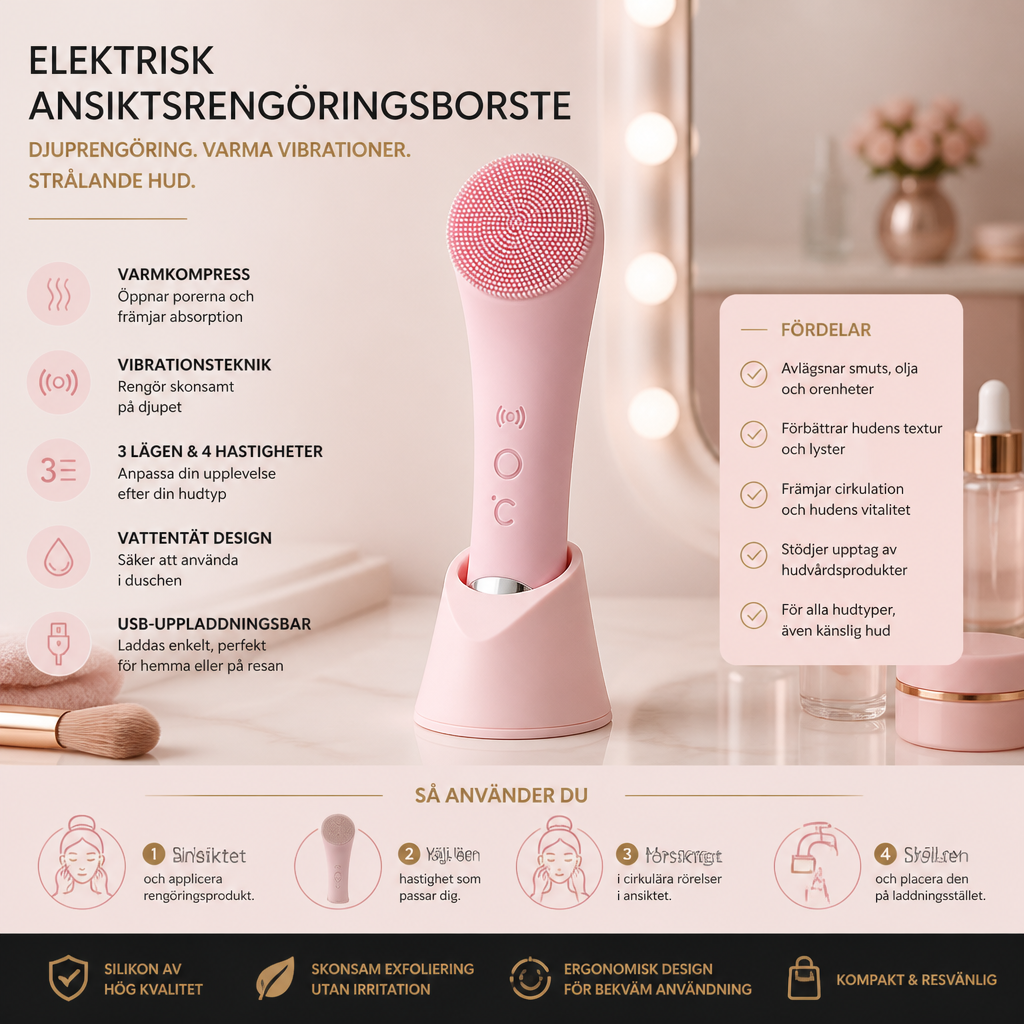 Elektrisk ansiktsrengöringsborste med värme, vibration, skonsam exfoliering och massage