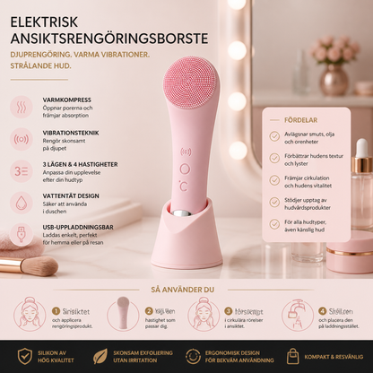 Elektrisk ansiktsrengöringsborste med värme, vibration, skonsam exfoliering och massage