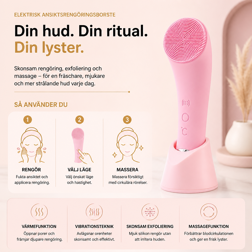 Elektrisk ansiktsrengöringsborste med värme, vibration, skonsam exfoliering och massage